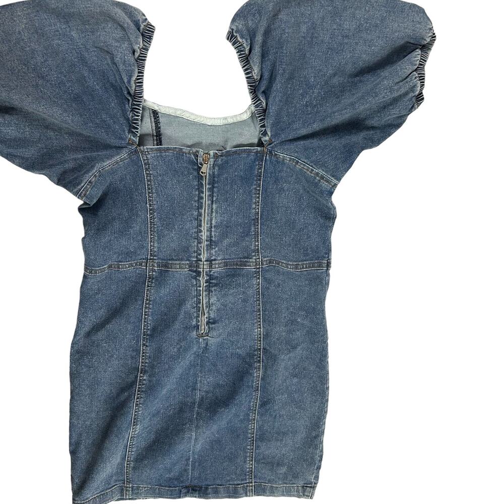 Madden Girl Sz M Jean Denim Mini Puff Sleeve Dress Sweetheart Neckline Zip Up - Picture 4 of 12